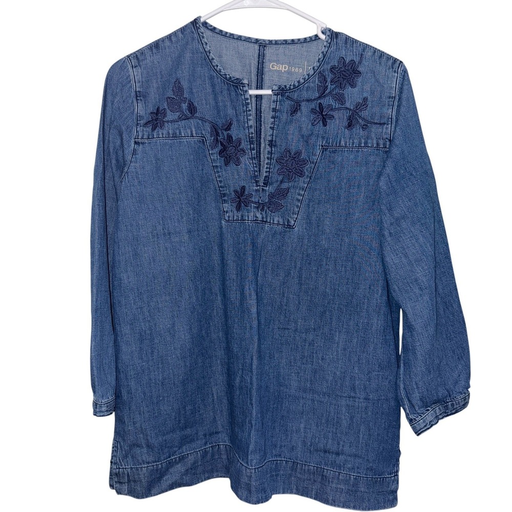 EUC Gap 1969 Denim Tunic Top Floral Embroidered Long Sleeve Casual Medium